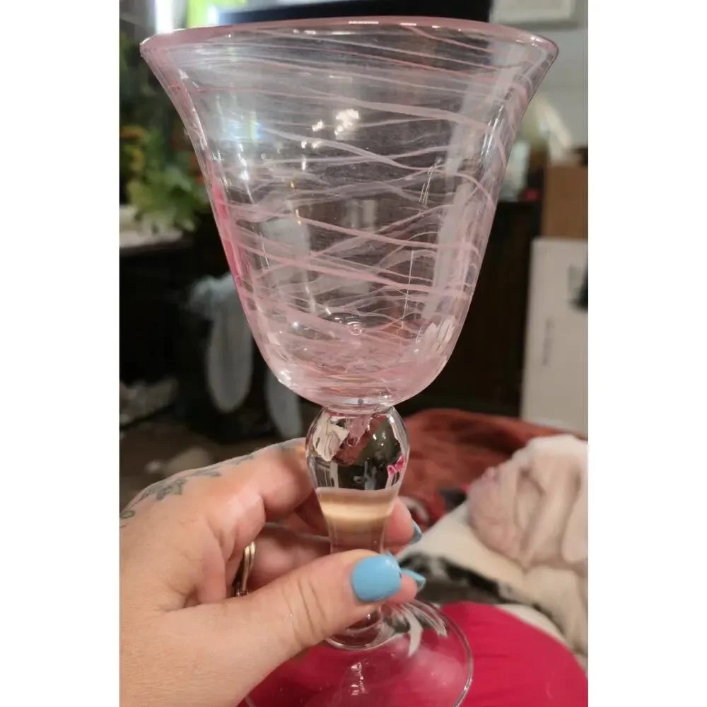 (2) Artland Iris PINK Swirled Hand Blown Water/Wine Goblets Glasses 8” Tall